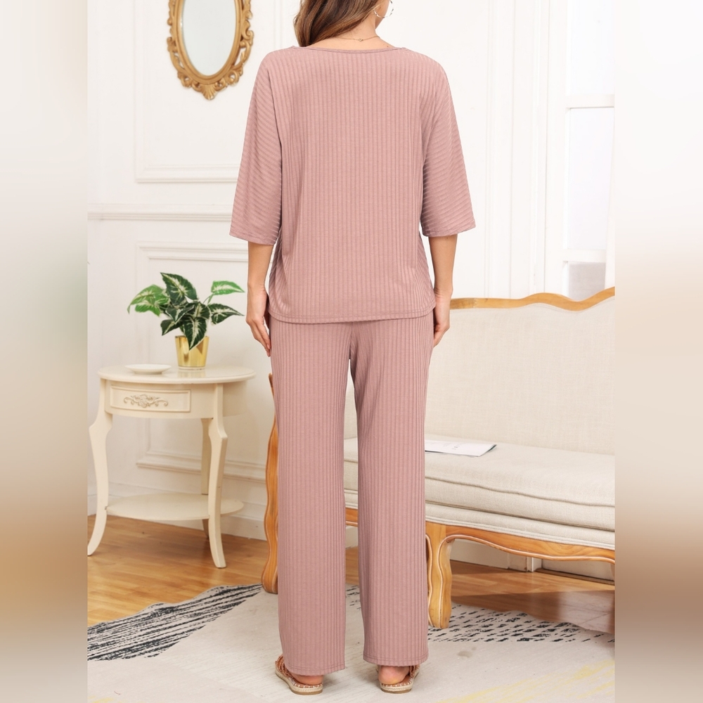 Women's Mauve Ribbed Half Sleeve Top and Pocketed Pants Set - Picture 4 of 8
